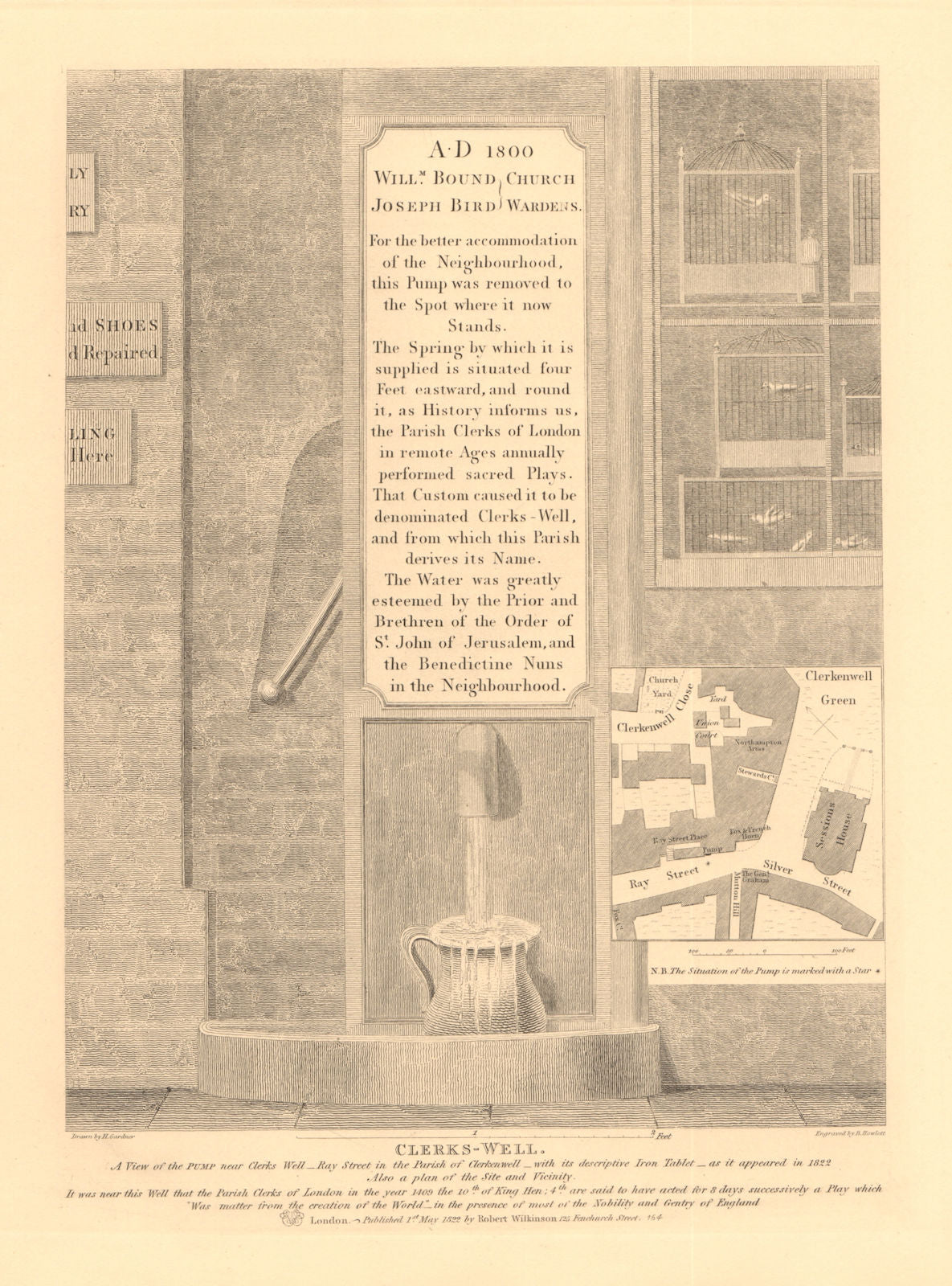 CLERKENWELL Clerks well.Ray/Silver Street Farringdon Lane Close Green 1834 map